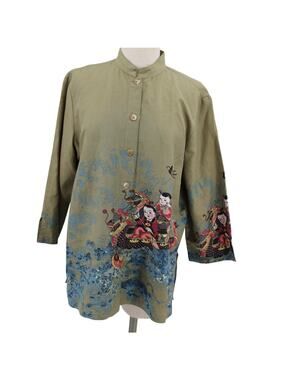 Citron Asian Inspired Blouse Green Print Large